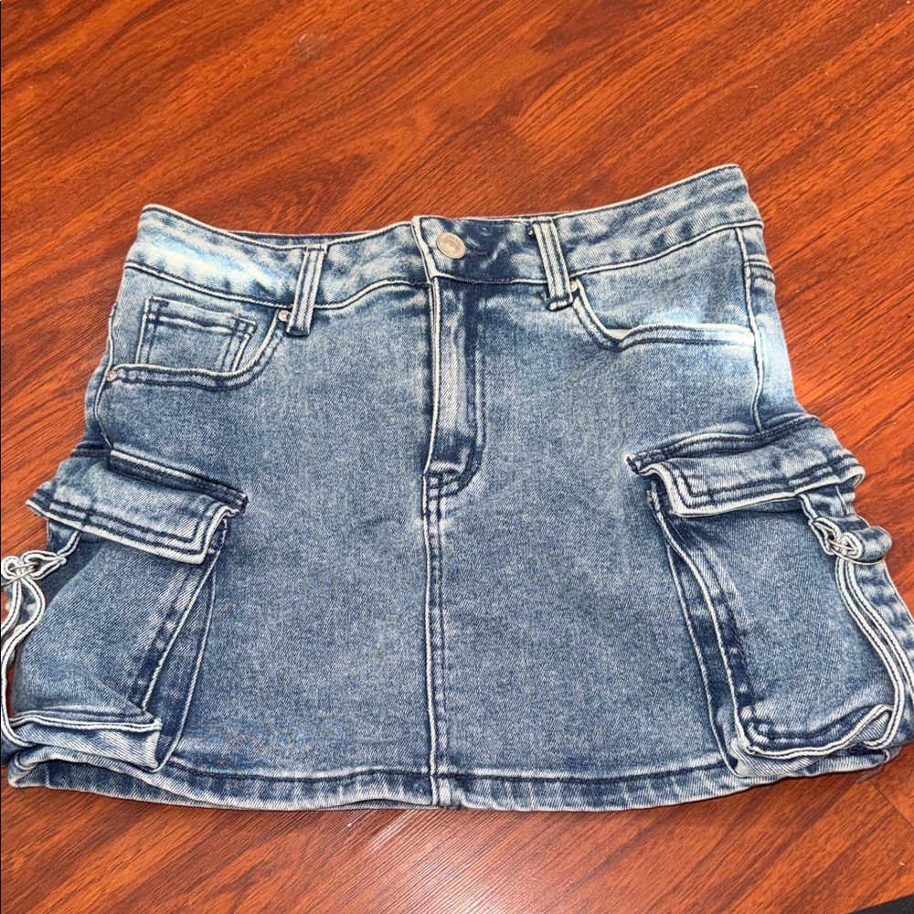 Wax Jean Washed Blue Denim Cargo Mini Skirt